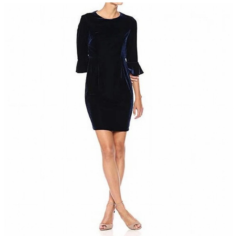 Navy Blue Velvet Sheath Dress With 3/4 Sleeve, EUC